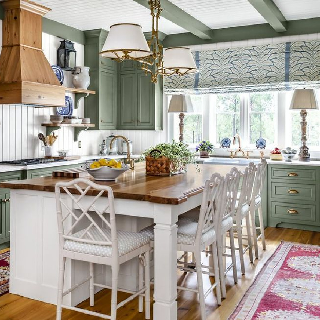 James Farmer designed green kitchen (cabinets are BM Louisburg Green) with country charm (photo: Jeff Herr). #countrykitchens #greenkitchens #louisburggreen