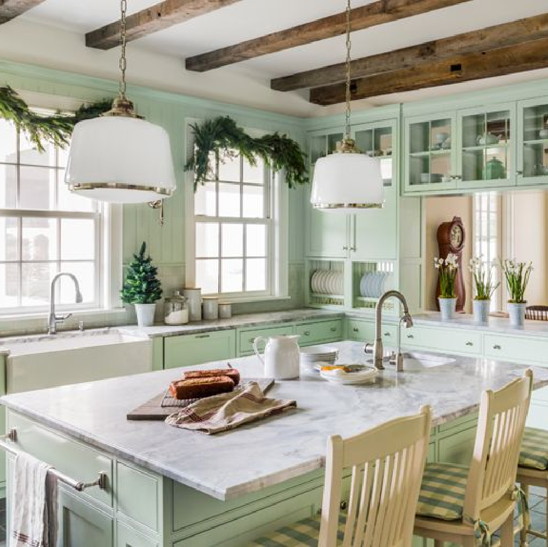 Country kitchen with minty green cabinets (combo of one part BM Mint Chocolate Chip and 2 parts Hancock Green). Photo by Zach Desart. #greenkitchens #mintgreenpaintcolors