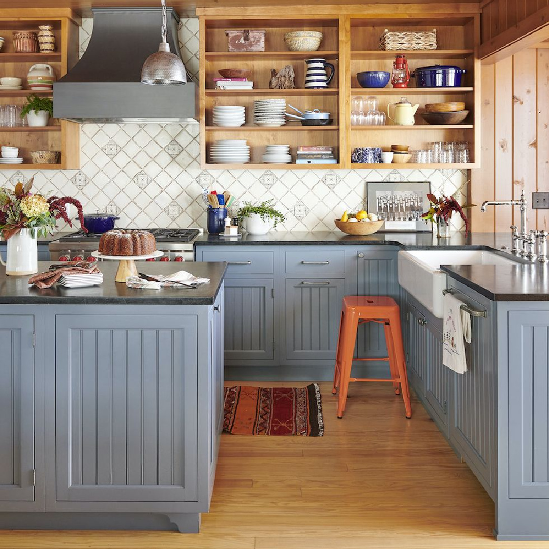 Beautiful country kitchen with blue cabinets (BM Phillipsburg Blue). Photo by Josh Grubbs. #bluekitchens #benjaminmoorephillipsburgblue