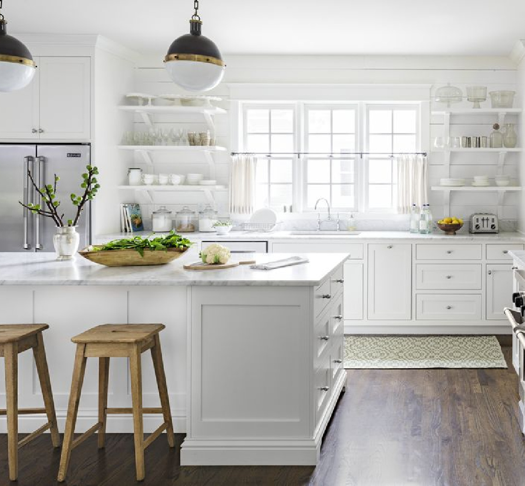 BM White Dove kitchen cabinets and walls in a lovely country design - photo by Lincoln Barbour. #bmwhitedove #whitecountrykitchen