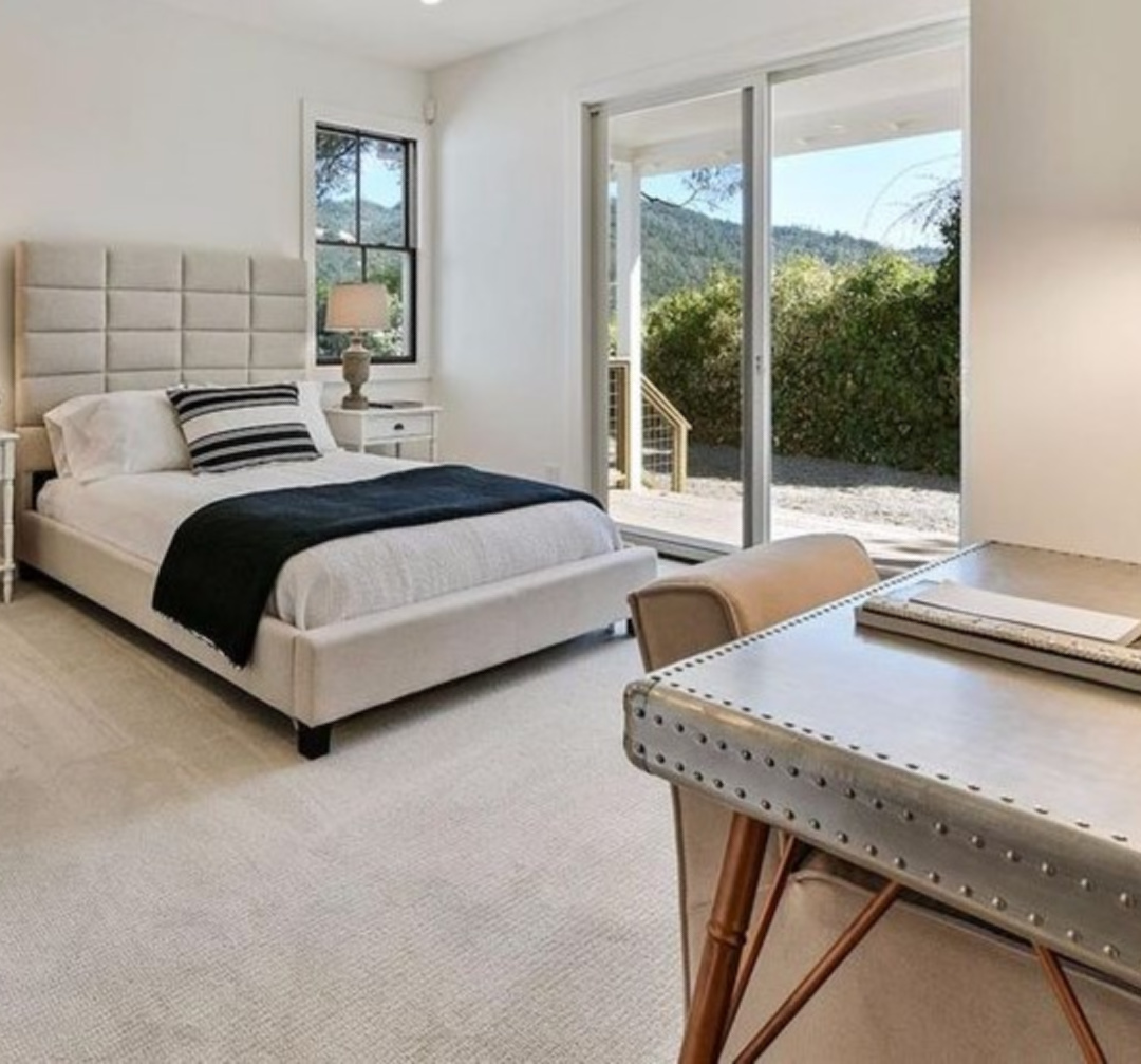 Decorator's White paint color on walls in Myra Hoefer designed serene bedroom. #decoratorswhite