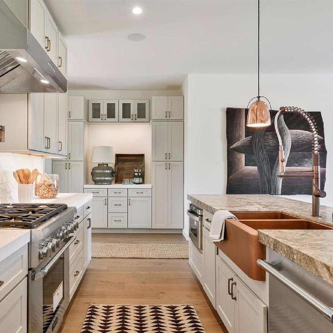 Decorator's White painted walls in a beautifully staged modern winery kitchen by Myra Hoefer Design. #decoratorswhite