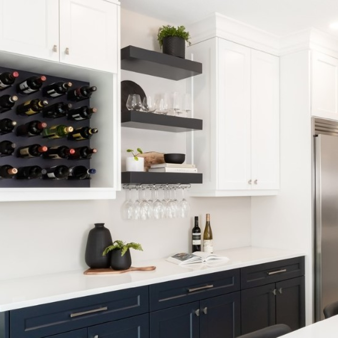 Built-in black wine rack, black floating shelves and white cabinets painted BM Decorator's White - Oak Barrel Cabinetry.