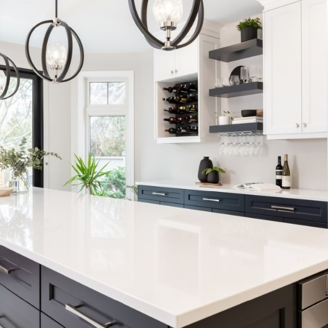 Built-in black wine rack, black floating shelves and white cabinets painted BM Decorator's White - Oak Barrel Cabinetry.