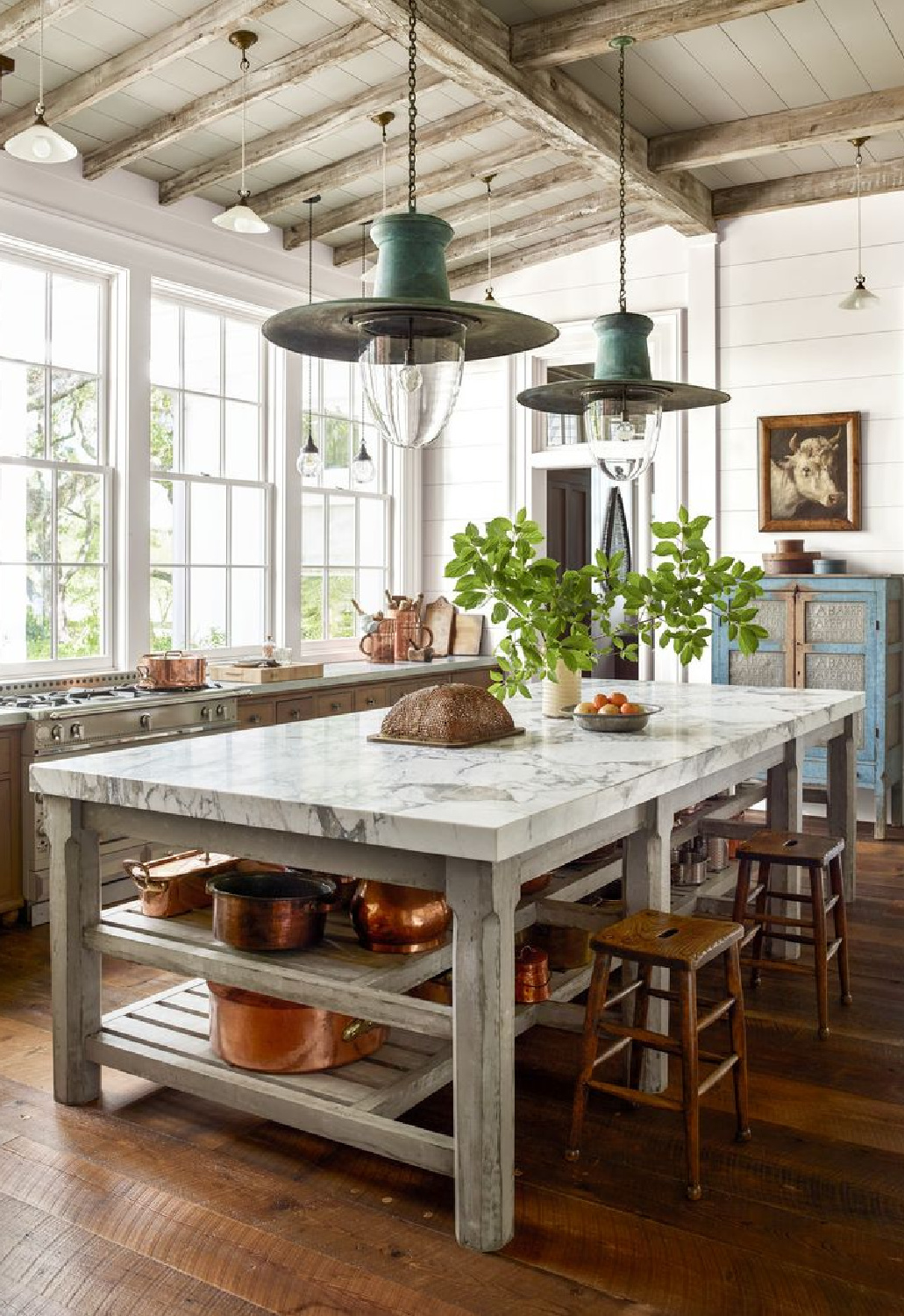 Barbara Westbrook designed kitchen with marble topped table - photo by Eric Piasecki. #rusticelegance #countrykitchens