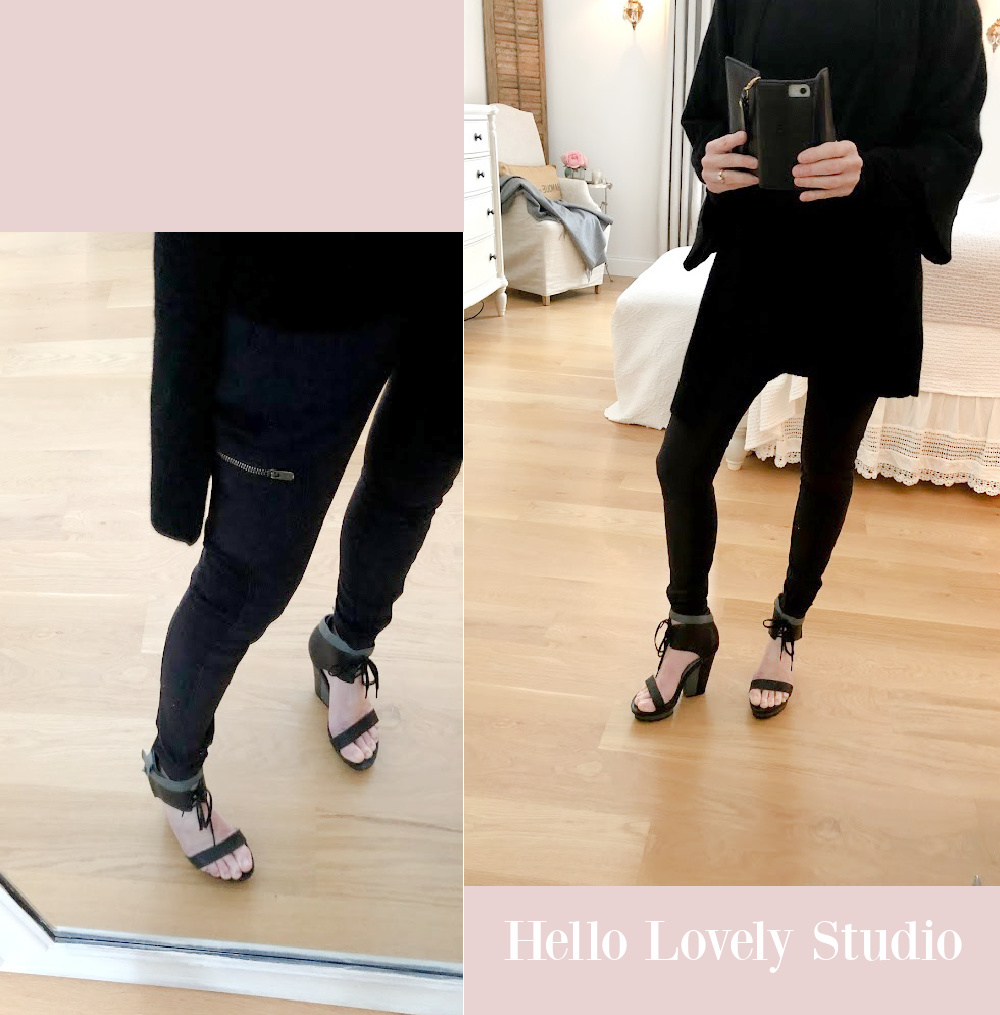 Michele in Athleta Headlands Cargo Tights, Tsubo platforms, and Black Cashmere Wrap - Hello Lovely Studio.