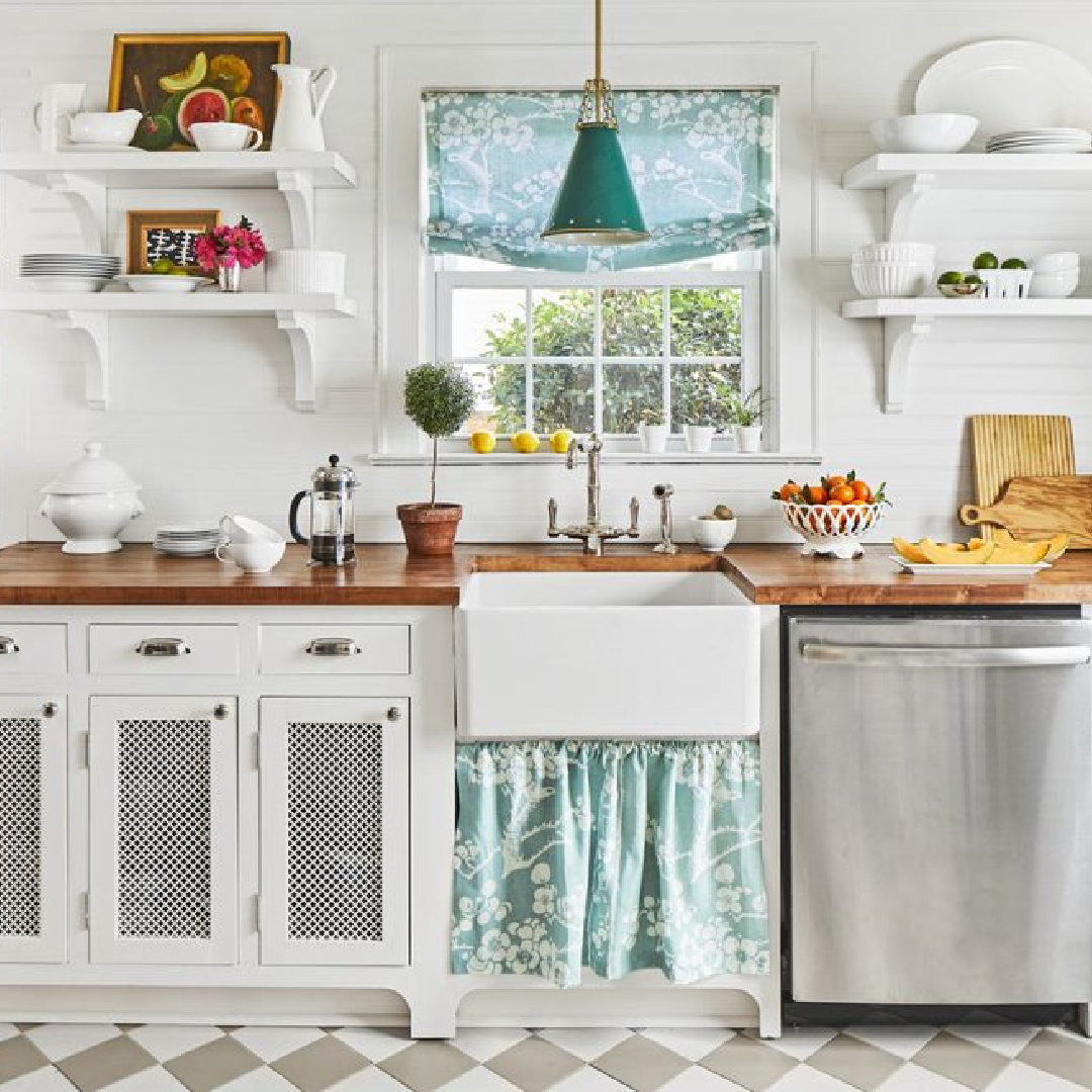 Country kitchen with skirted farm sink and aqua accents - photo by Laurey W. Glenn. #skirtedsink #farmsinks