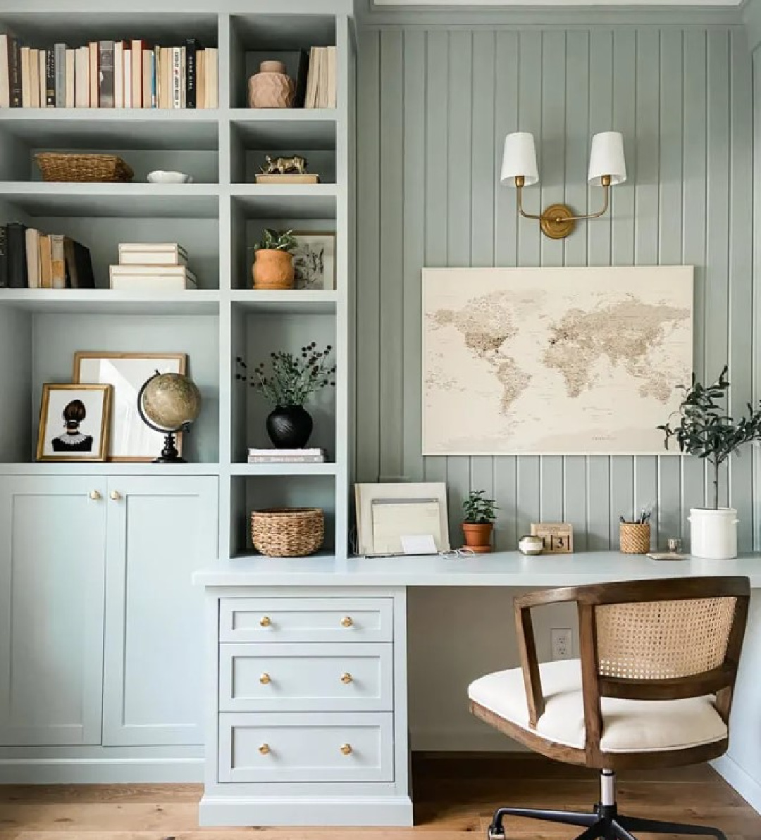 Boothbay Gray paint color for builtins in a home office - Home on Harbor. #bmboothbaygray