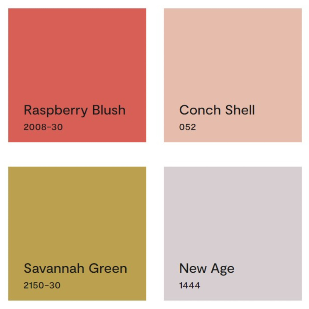 Raspberry Blush, Conch Shell, Savannah Green, and New Age are four of Benjamin Moore's trending paint colors in 2023.