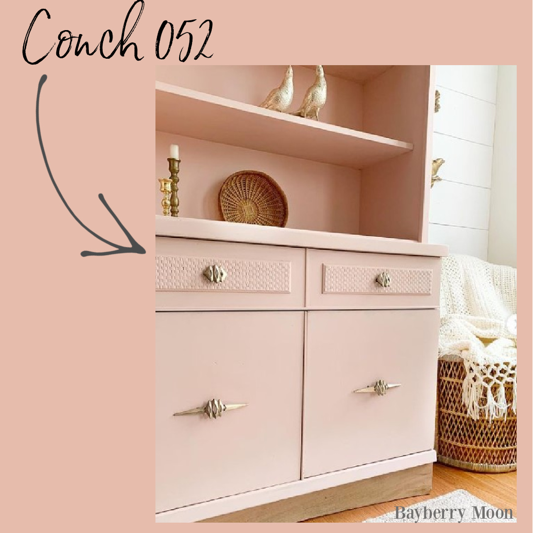 Conch Shell 052 Benjamin Moore trending color of 2023 on a vintage cabinet - @bayberryMoon. #pinkpaintcolors #conchshell #bmconchshell