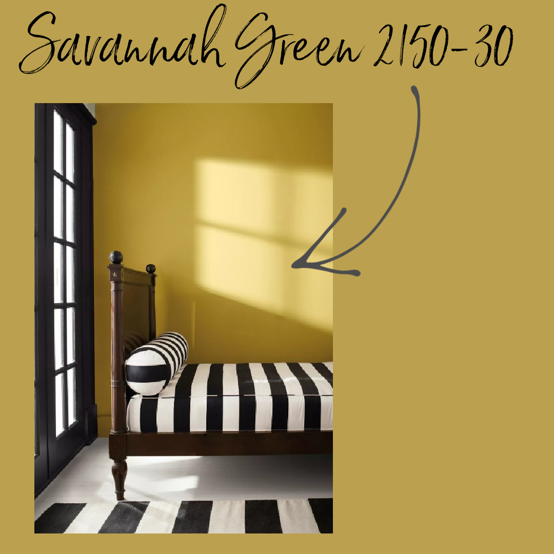 Savannah Green 2150-30 from Benjamin Moore. A rich ochre, yellow and green undertones balance out this unique hue.
