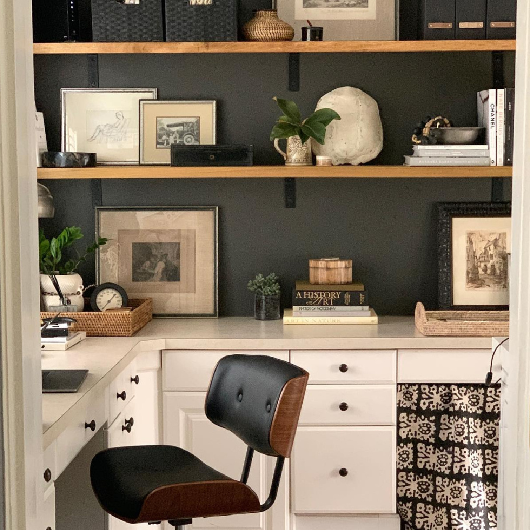 BM Iron Mountain on walls in a home office with floating shelves, MCM desk chair, and design by Sherry Hart. #bmironmountain