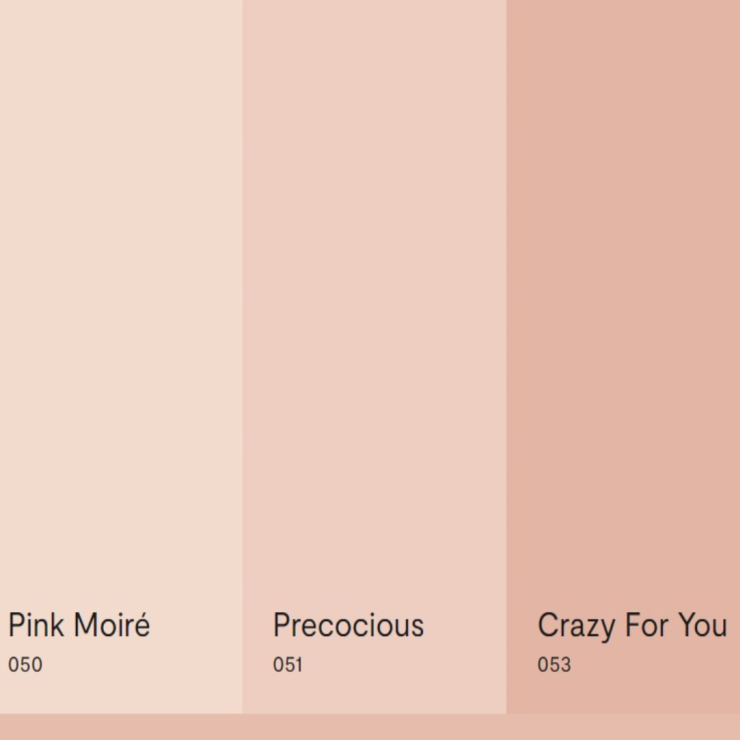 Benjamin Moore pretty pink colors: Pink Moire, Precocious, and Crazy for You.
