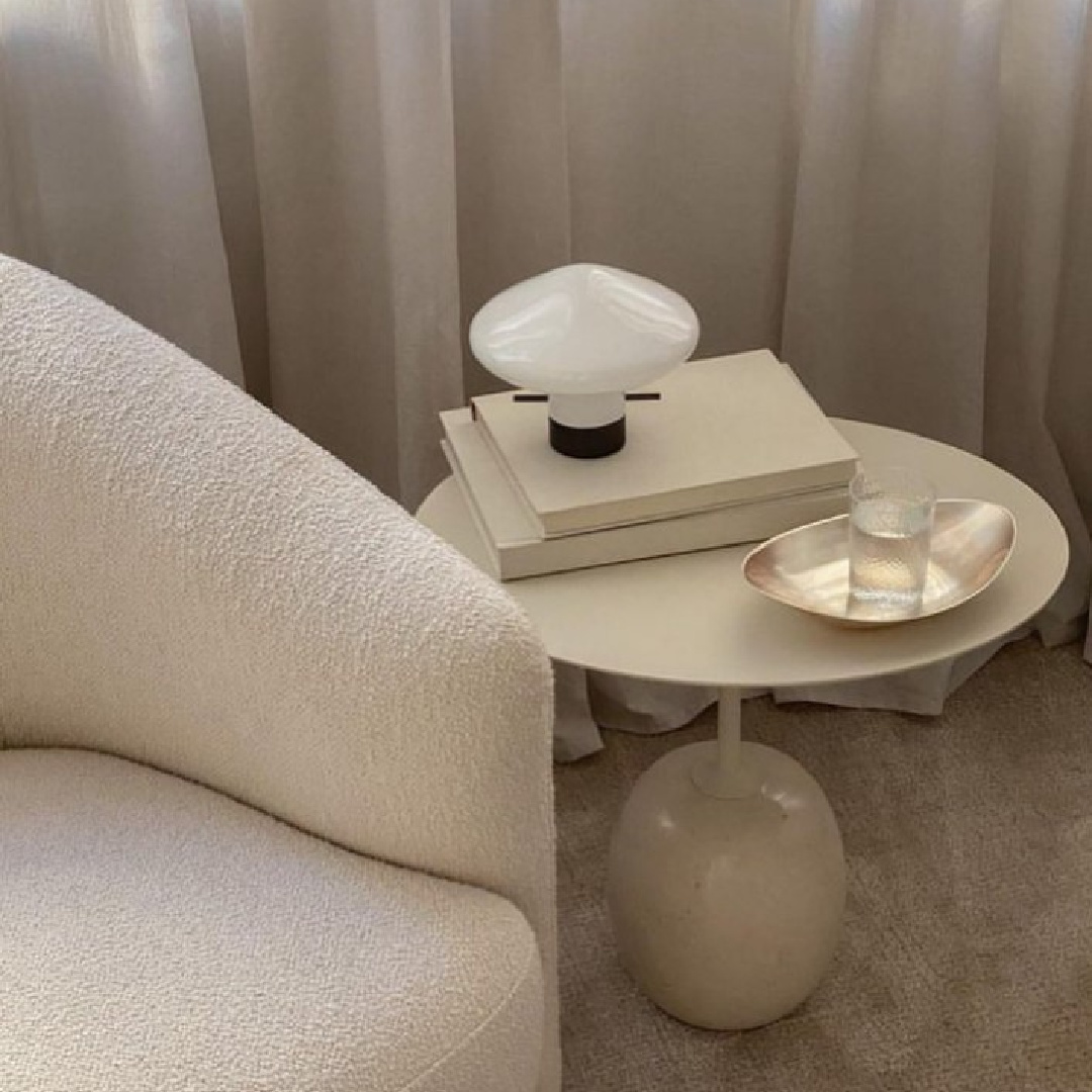 Beautiful minimal modern round side table and barrel chair - @rebeccagoddard.