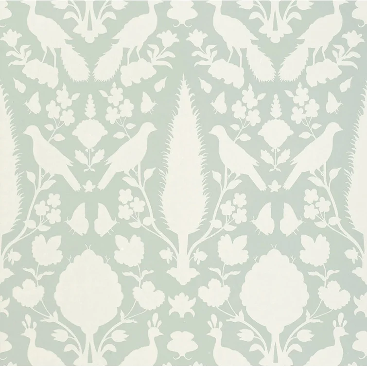 Chenonceau wallpaper pattern from Schumacher in green/beige.