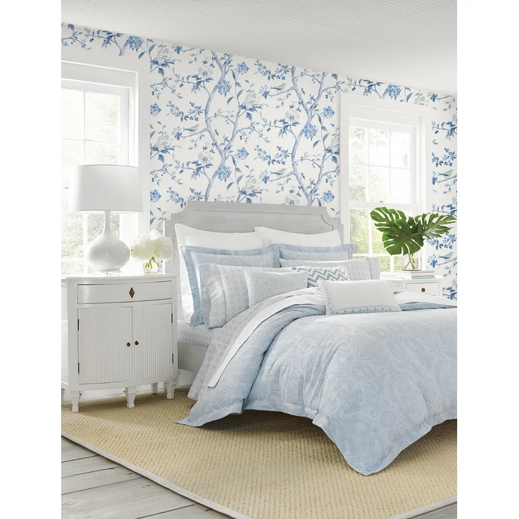 Lillian August Luxe Haven Peel and Stick wallpaper in a beautiful blue bedroom