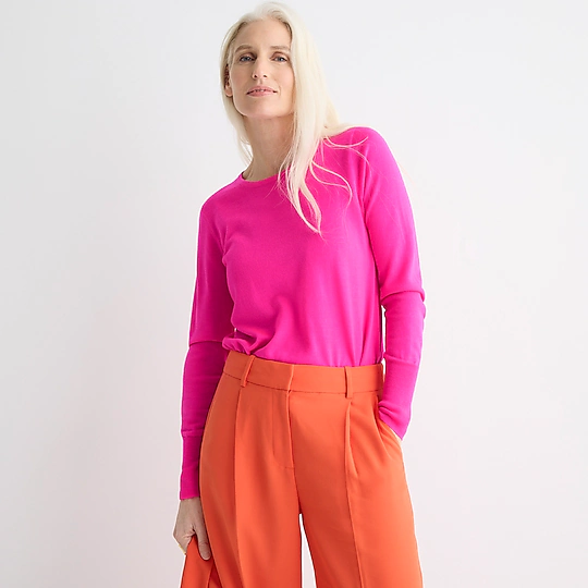 Fuchsia pink sweater with orange trousers, J. Crew