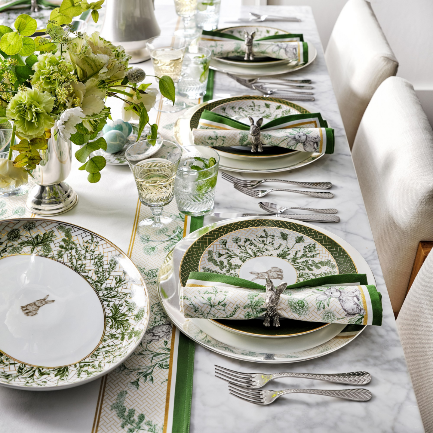 Williams Sonoma garden lattice bunny plates and beautiful spring tablescape with green.