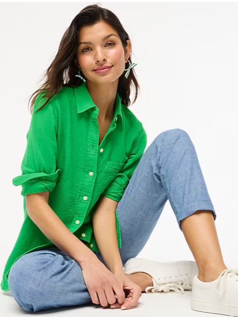 J. Crew Factory gauze button up shirt in bold green for women.