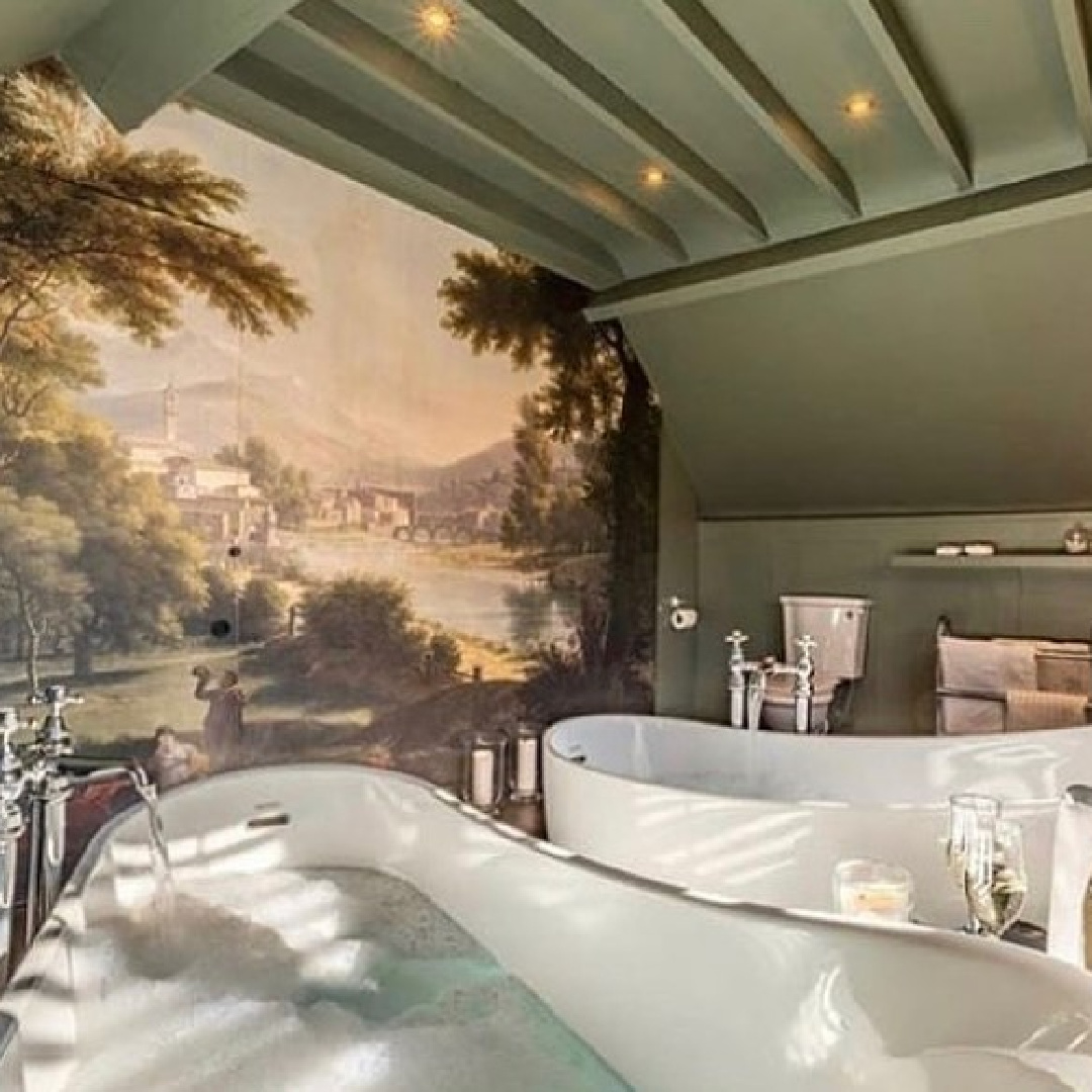 Breathtaking bath at Peony Cottage - a vacation rental in the Cotswolds - @peonycottagecotswolds. #cotswoldscottage #englishcountry #mural