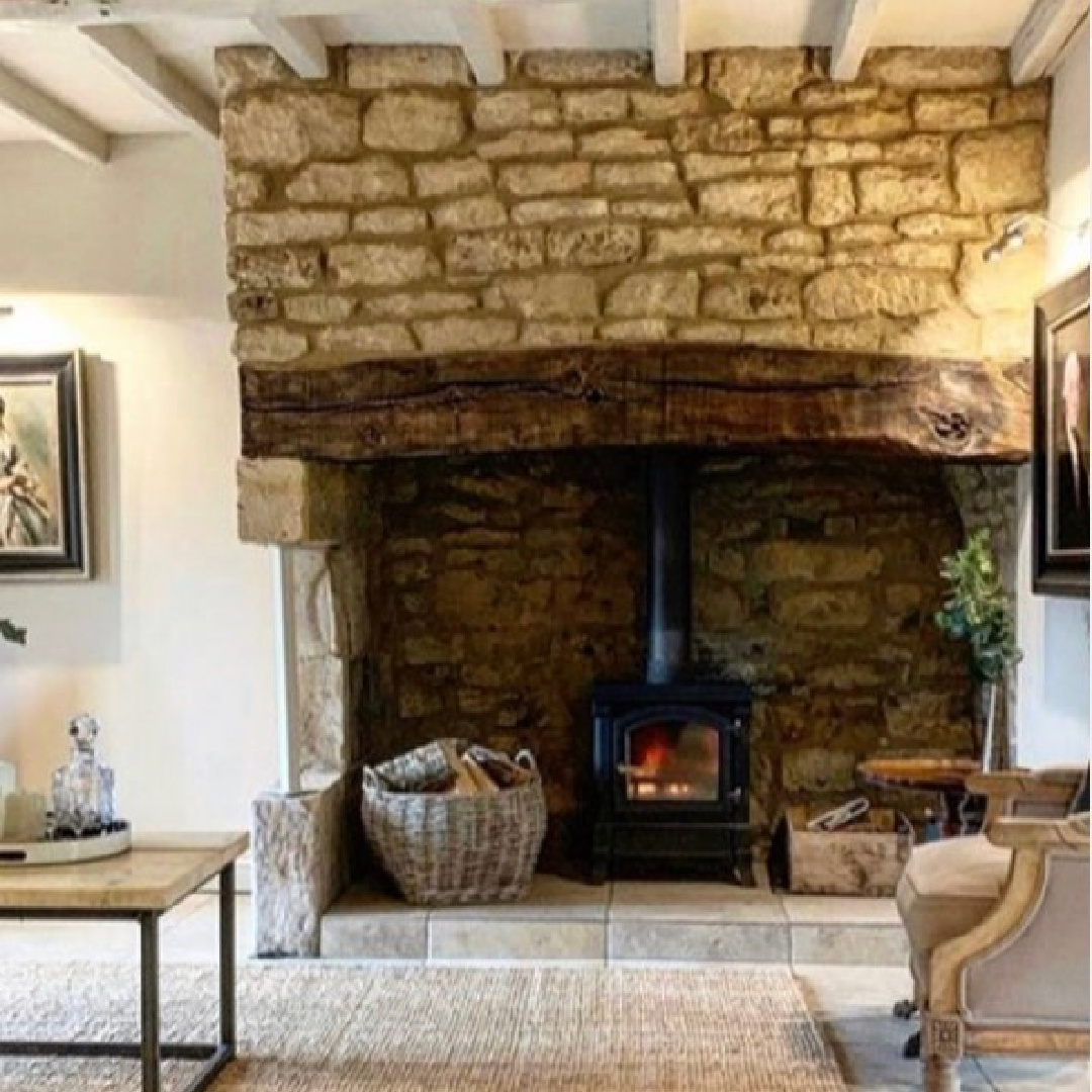 Rustic stone fireplace - Peony Cottage - a vacation rental in the Cotswolds - @peonycottagecotswolds. #cotswoldscottage #englishcountry