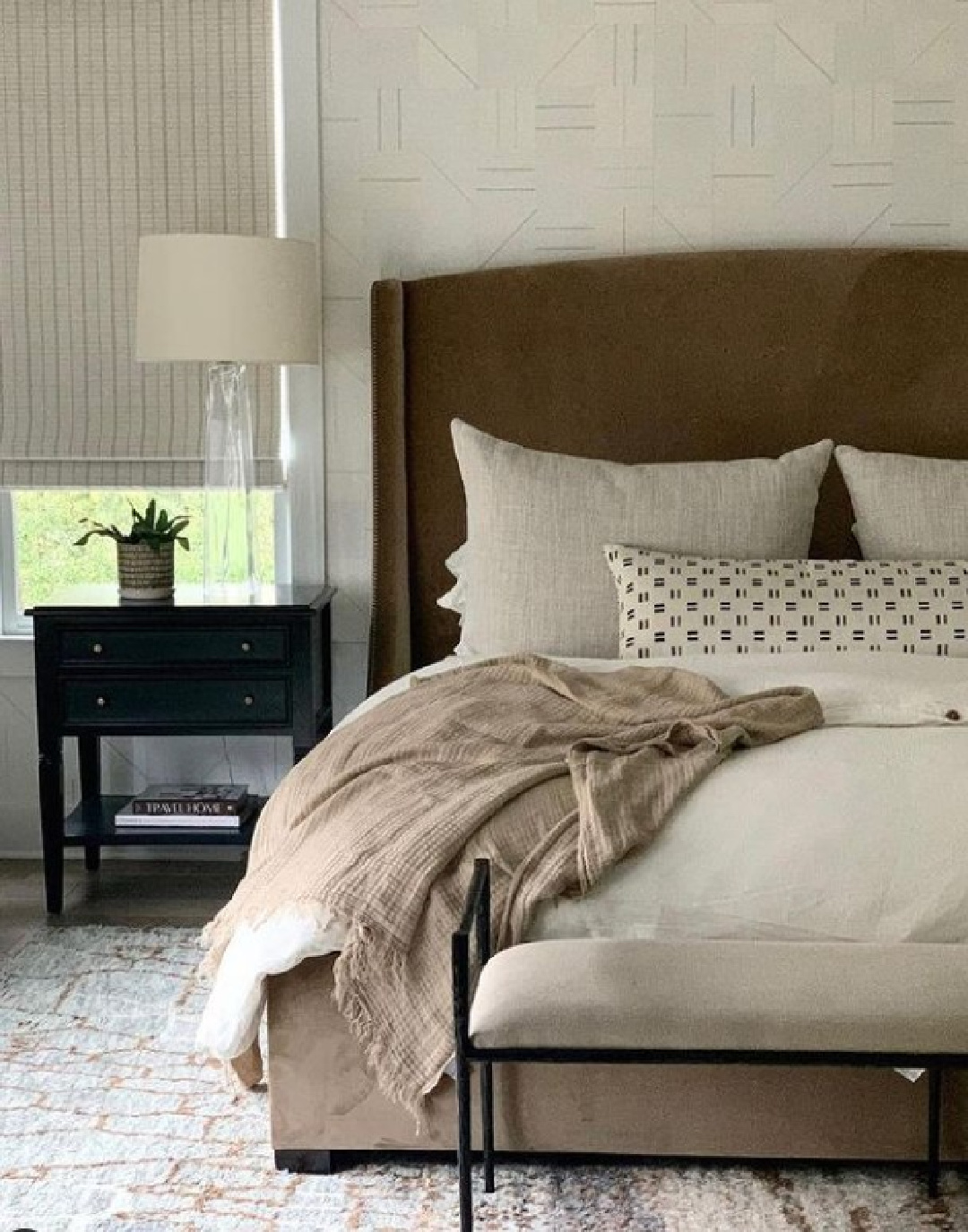 Luxurious bedroom with neutrals and design by Sherry Hart.