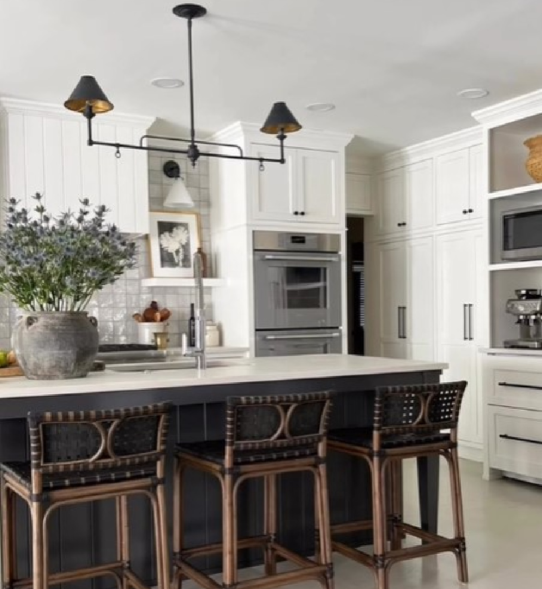 Sherry Hart designed white kitchen with SW Urbane Bronze on island, Emtek hardware, and Circa Lighting.