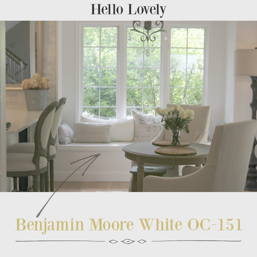 BM White OC-151 paint color on walls, trim, and ceiling in Hello Lovely's timeless kitchen with window seat. #bmwhiteoc151