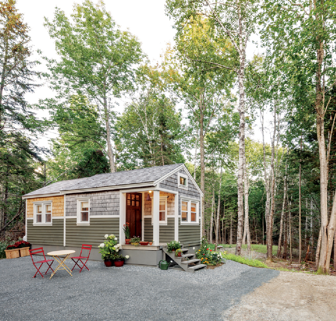 Cedar shake shingles accent a tiny house cottage exterior in Maine - @downeast. #tinyhouseliving #tinyhousearchitecture