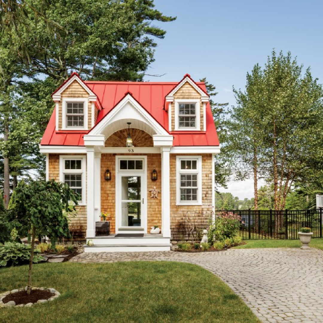 Charming tiny house cottage with Cape Cod style and dormers - @downeast. #tinyhousearchitecture #tinycottages #capecodstyle