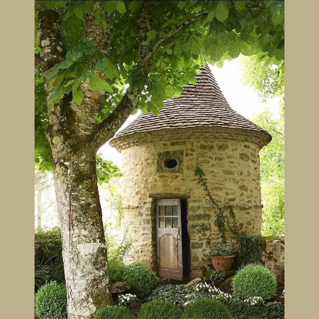 Storybook rustic tiny round stone cottage in a charming garden - via @toadhollowcottage. #tinycottages #storybookarchitecture
