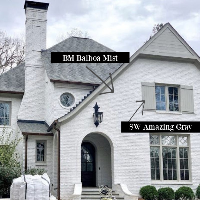 BM Balboa Mist on brick and SW Amazing Gray on shutters - SherryHDesigns/Ladisic Fine Homes. #bmbalboamist #swamazinggray