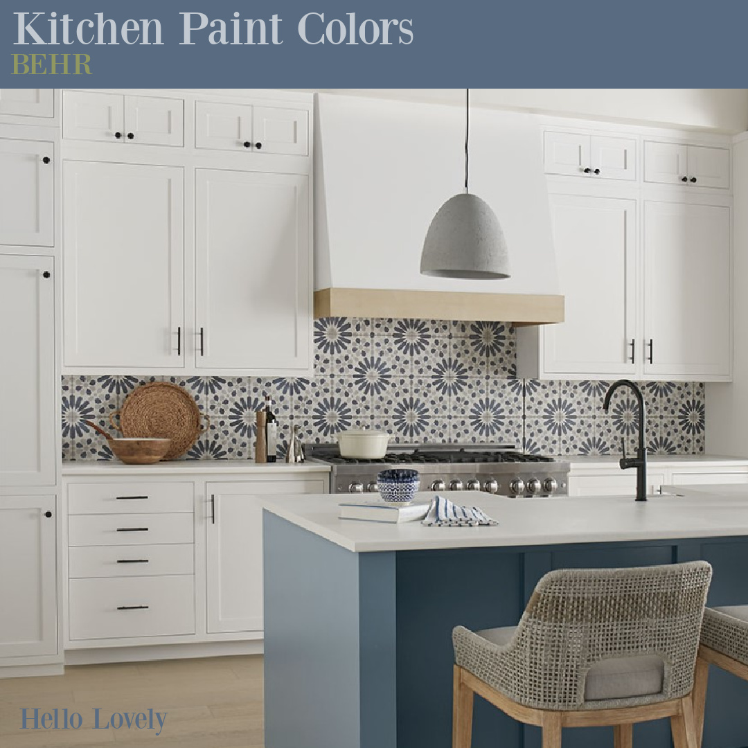 Behr kitchen paint colors in a blue and white kitchen. #bluekitchen #whitekitchencabinets