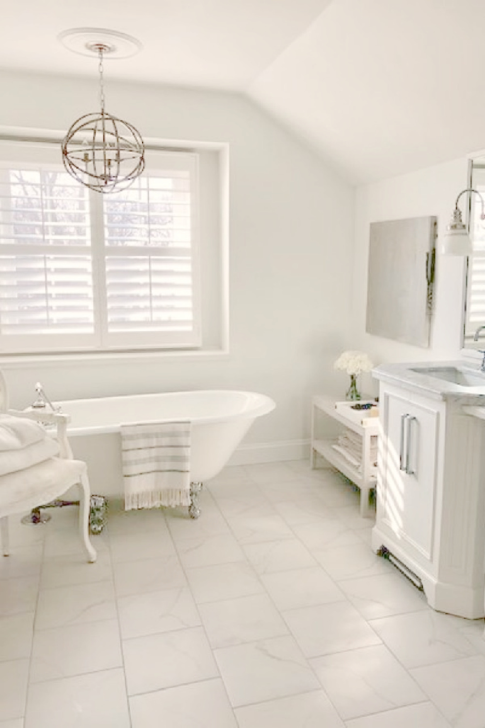 BM OC-151 in our renovated bath with modern vintage style - Hello Lovely Studio. #bmbrilliantwhite #bmoc151 #brightwhitepaintcolors