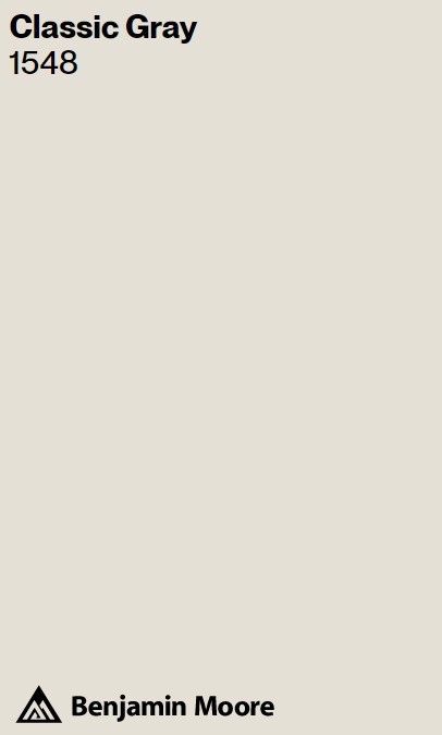 BM Classic Gray 1548 Benjamin Moore greyed-white paint color swatch. #bmclassicgray #bestwhitepaintcolors