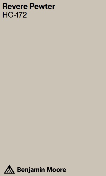 BM Revere Pewter HC-172 Benjamin Moore paint color swatch. #bmreverepewter #reverepewter