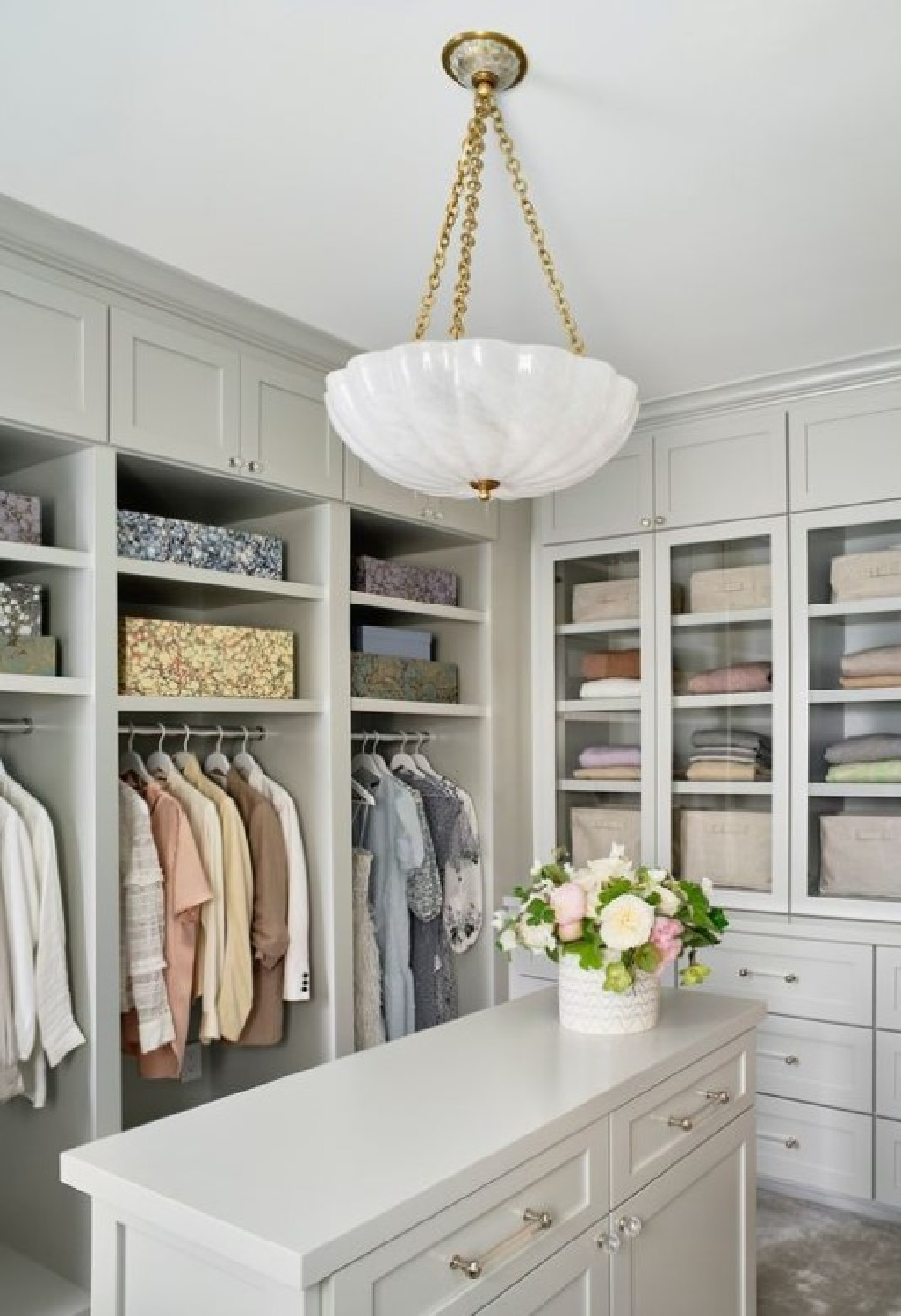 Custom closet in light grey with island - Marea Clark Interiors. #customclosets #bespokecloset