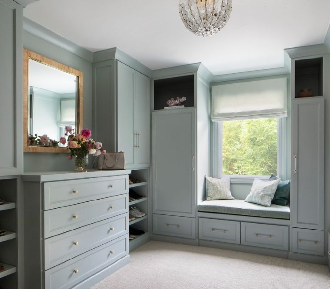 Custom light blue grey closet with window seat and dresser - Marea Clark Interiors (Photo: Dyer Photo). #customcloset