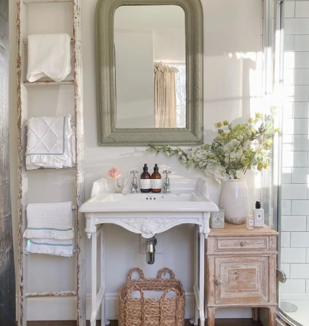 Farrow & Ball Strong White in a beautiful vintage bathroom by @wallflower_cottage
