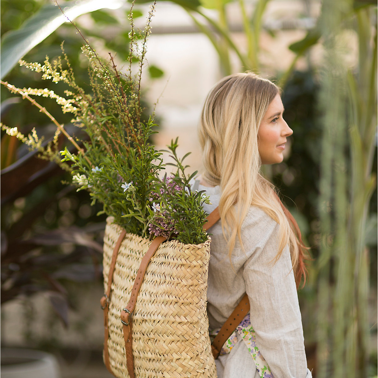 Leather handle woven market backpack, Terrain. #frenchfarmhouse