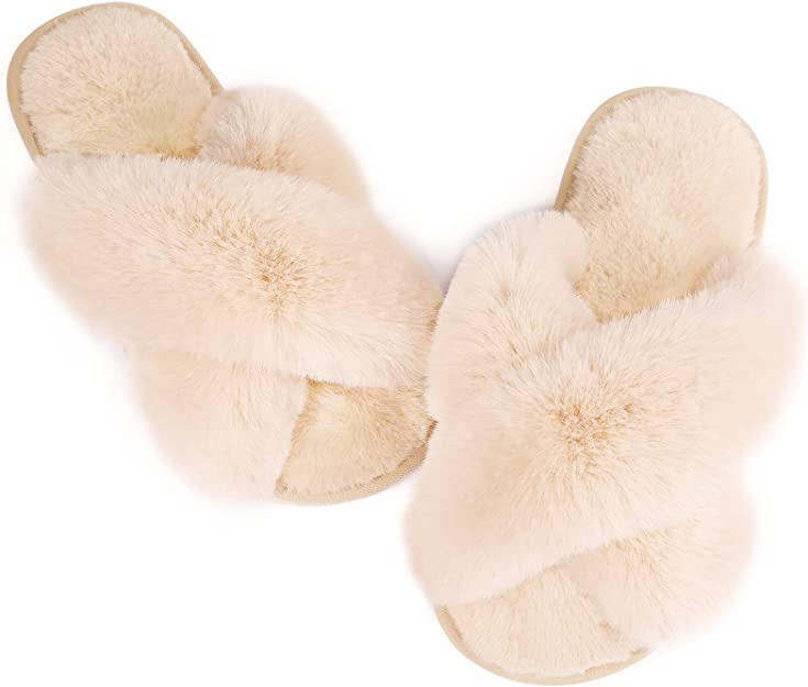 Fluffy soft memory foam slippers in ivory, Ankis store on Amazon.