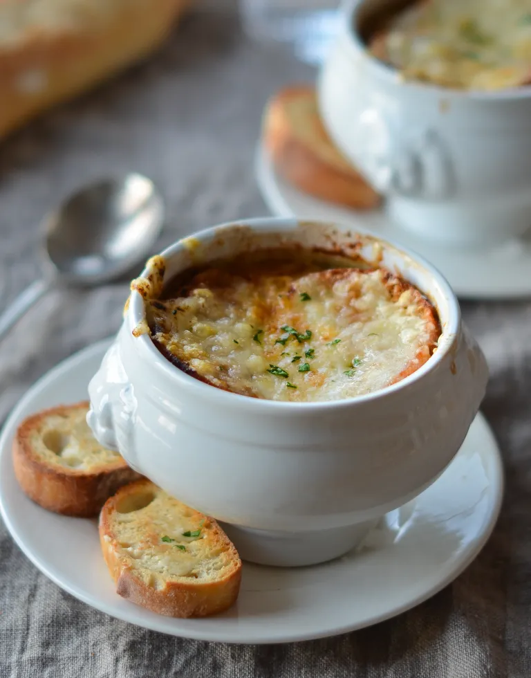 French Onion Soup with melted cheese on top in a French soup crock - Once Upon a Chef. #frenchonionsoup