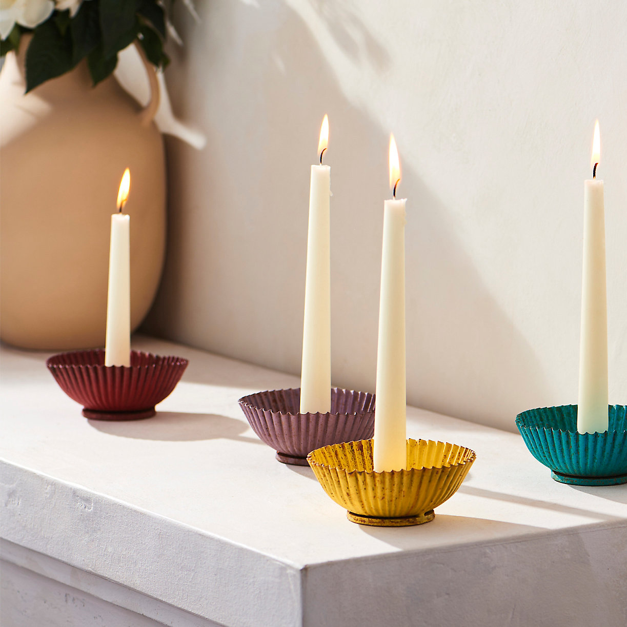 Ruffle taper candleholder in a variety of colors from Terrain.