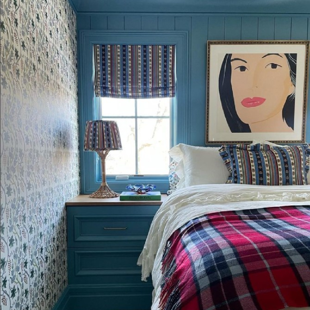 Summer Thornton designed blue bedroom with wallpaper, plaid bedding and Alex Katz artwork. #summerthornton #bluebedrooms