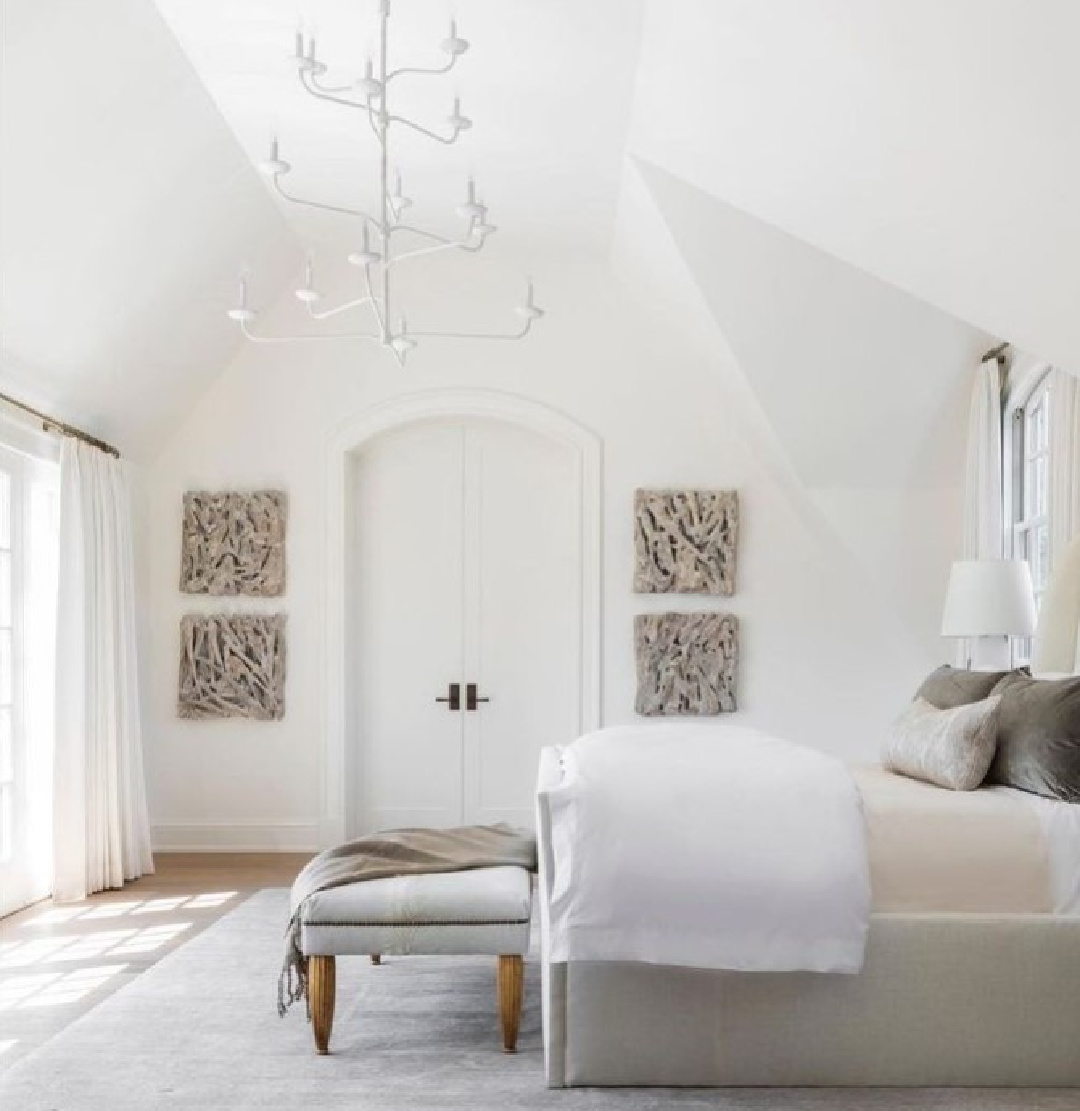 Marie Flanigan designed bedroom with Tara Shaw designed plaster chandelier.