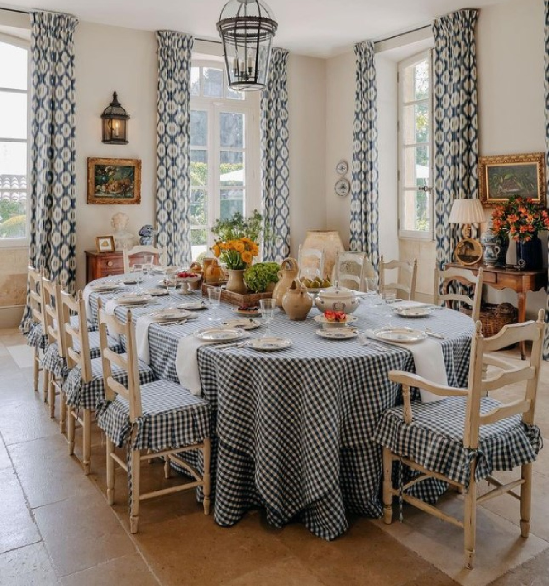 French country dining room with blue and white checks - inside Le Mas des Poiriers, a Rhone Valley renovated farmhouse. @provencepoiriers photo: @angelinalzi