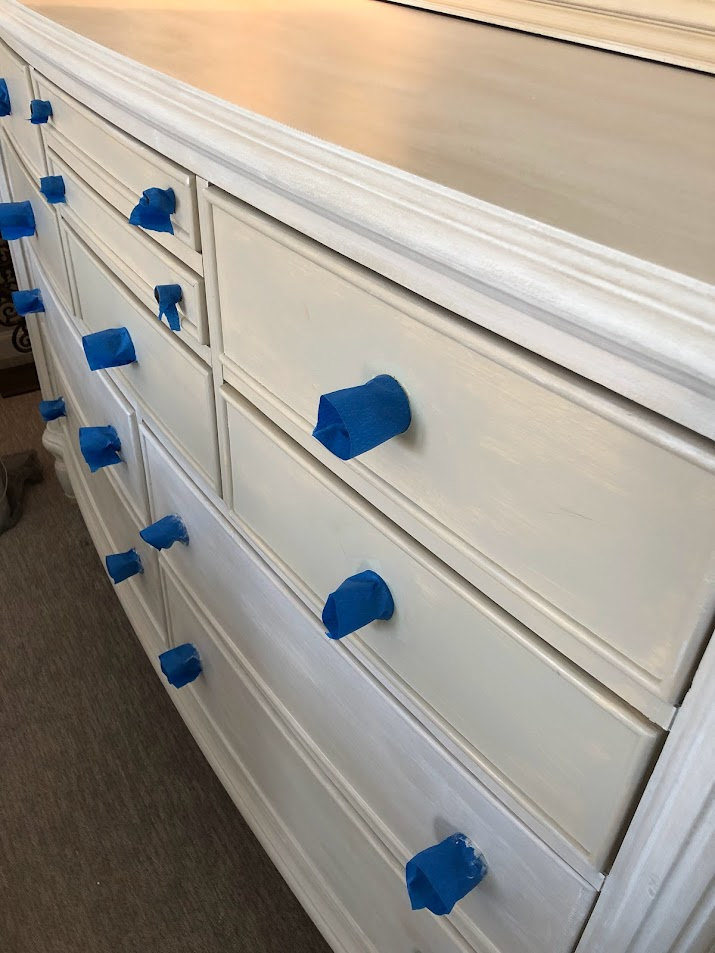 During whitewash painting of our cottage style bedroom furniture at the Georgian - Hello Lovely Studio. BM Revere Pewter is first layer, SW Emerald satin enamel is drybrushed on top - Hello Lovely Studio