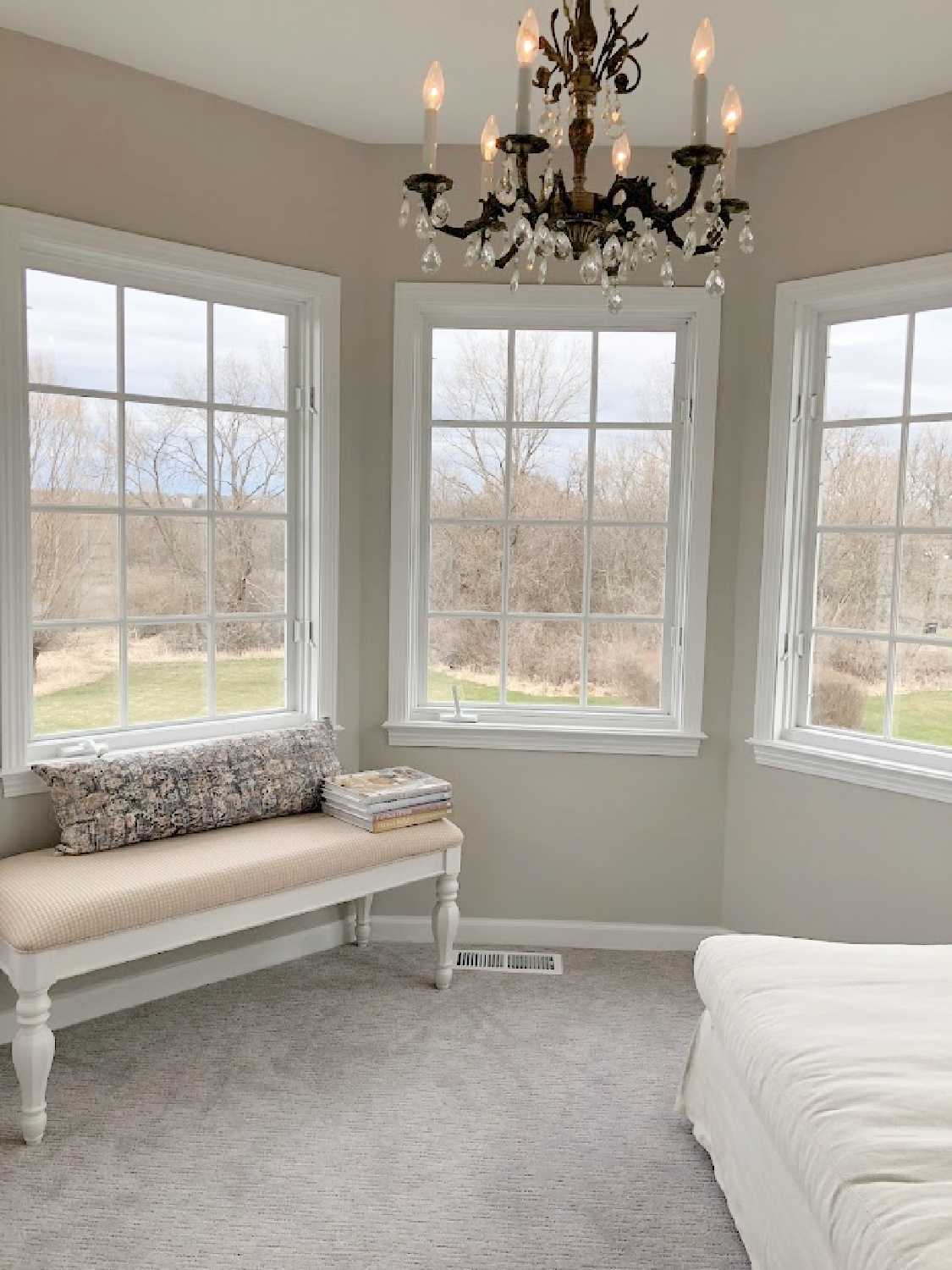 Sitting room with turret architecture in coastal bedroom remodel (SW Agreeable Gray on walls) at the Georgian - Hello Lovely Studio. #agreeablegray #swagreeablegray