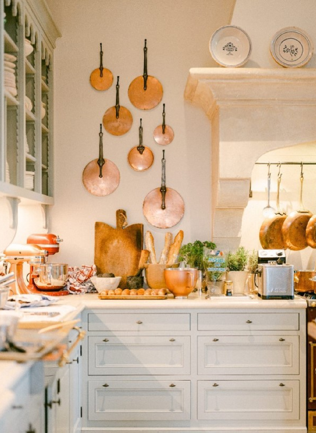 Farrow & Ball Light Blue French kitchen in Provence with copper pans - Le Mas des Poiriers (photo: @brunorezza). #frenchkitchen #provencepoiriers