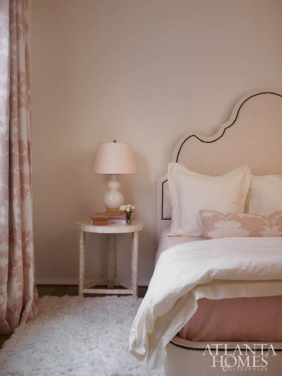 Amy Meier designed pale pink bedroom in Atlanta Homes with Garden of Persia fabric. #pinkbedrooms